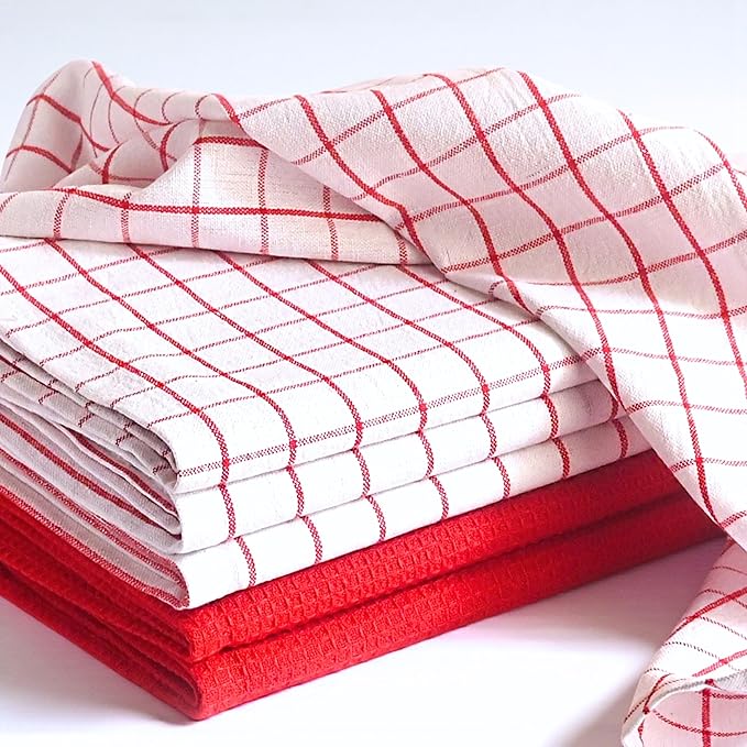 Cotton Dish Towels for Kitchen Drying - Highly Absorbent Wide Red Striped Plaid Tea Towels - 18"X28" Set of 6 Farmhouse Linen Dishtowels in Bulk - Pano De Prato para Cozinha - T Towles Towls