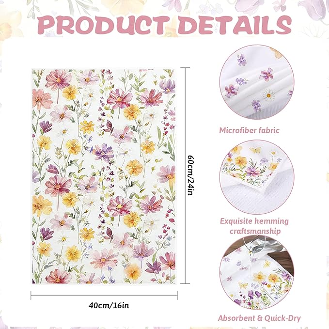 Spring Floral Kitchen Towels Set of 4 – 16×24 Inch Cute Watercolor Wildflower Butterfly Dish Towels, Soft Absorbent Hand Towels, Pink Spring Decor, Housewarming & Birthday Gift for Women