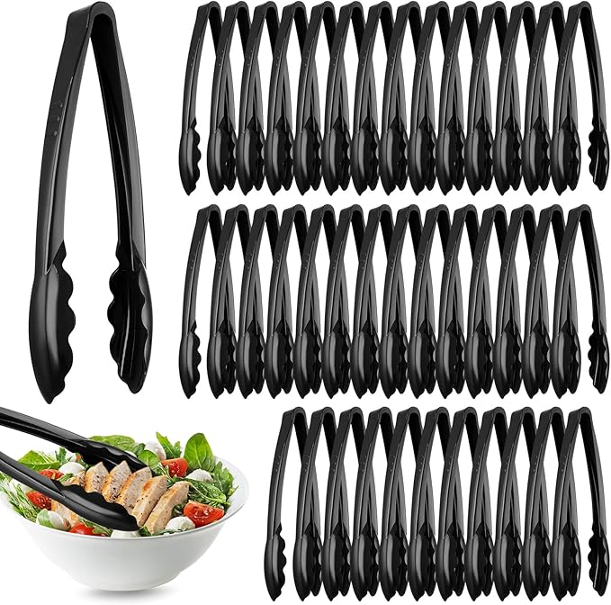 Tessco for you 50 Pcs Plastic Tongs for Serving Bulk, 9 Inch Plastic Disposable Serving Tongs, Heavy Duty Salad Tong for Kitchen, Buffet, BBQ, Events & Catering (Black)
