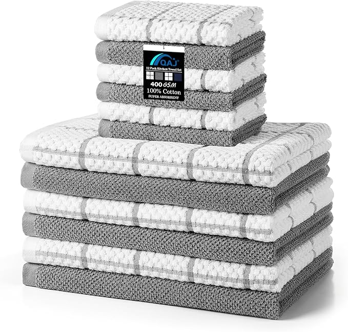 12 Pack Kitchen Towels and Dishcloths Set, 100% Cotton Soft and Absorbent Kitchen Towels 16 x 25 inche & 13 x 13inche Dishcloths