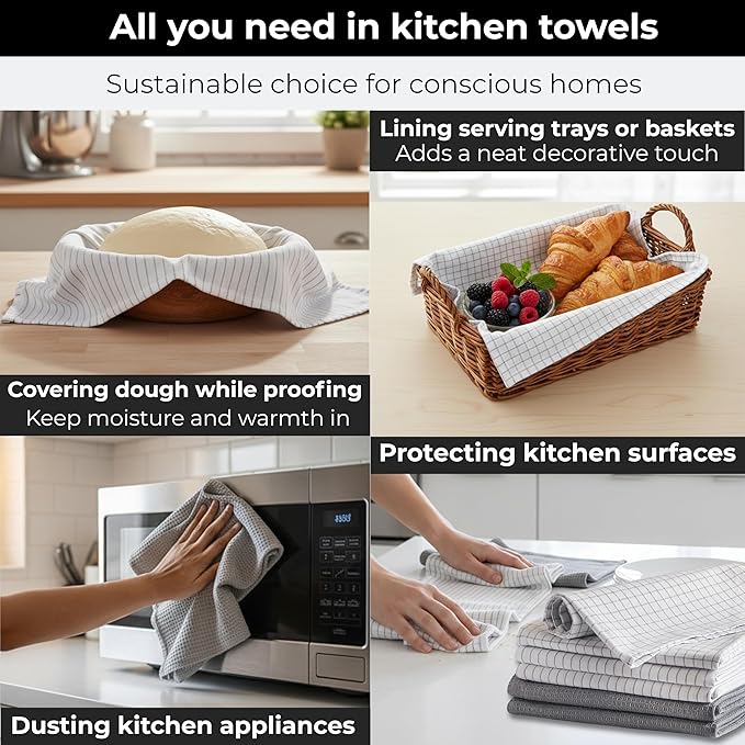 Highly Absorbent Cotton Kitchen Towels for Drying Dishes - Set of 6 Dish Towels - Narrow Light Gray Stripes Plaid Waffle Dishtowels - 18"X28" Large Lint Free Linen Tea Hand Bulk T Towls