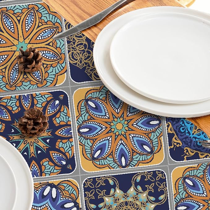 Boho Bohemian Table Runner 90 Inches Long, Vintage Seasonal Blue Table Runners for Party Kitchen Dining Coffee Table Bedroom Dressers Indoor Outdoor, Machine Washable (Bohemian C, 13” x 90”)