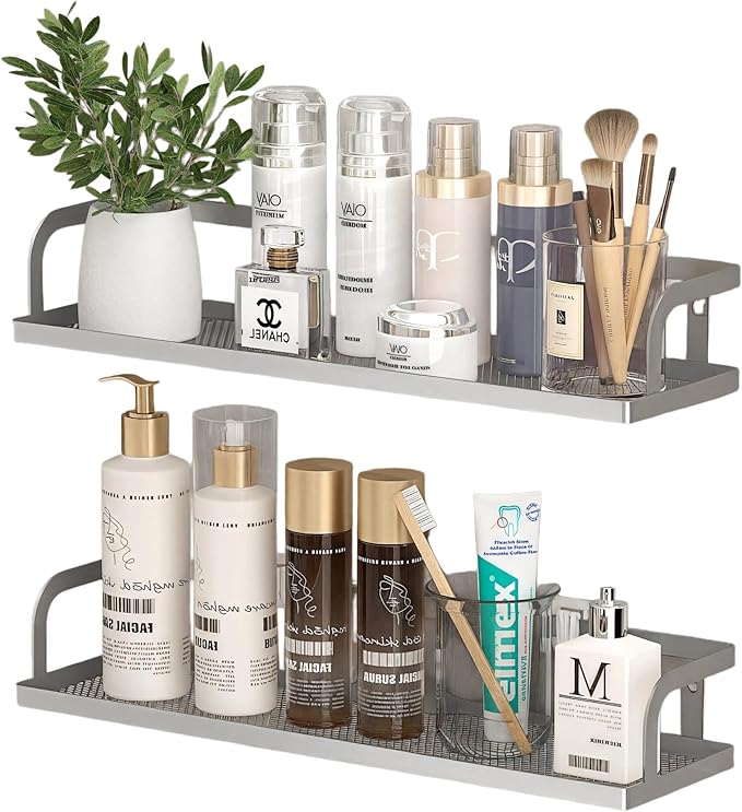 PUSDON 2-Pack 16.5" Extra Long Slim Hollowout Shower Caddy, Wall Mount Spice Rack & Bathroom Organizer, Mesh Bottom Cabinet Door Shelf Holds 50LBS - Silver Gray, Hollowout