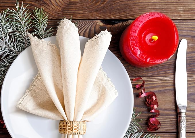 Lightnpro Cloth Dinner Napkins in Cotton Flax Fabric with Lace & Tailored Mitered Corners – 18x18 Inch Set of 12, Wedding, Baby Shower & Cocktail Napkin, Machine Washable Fabric Napkins Natural Color