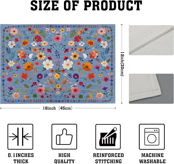 Blue Flowers Linen Placemats Set Spring Floral Table Mat for Women Kitchen Dining Decoration