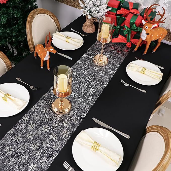 Snowkingdom Christmas Snowflake Silver Table Runner 11 Inch x 100 Feet Sparkly Silver Foil Glitter Metallic Mesh Runners Dining Table Decorations for Seasonal Winter Xmas Festival Holiday Home Party
