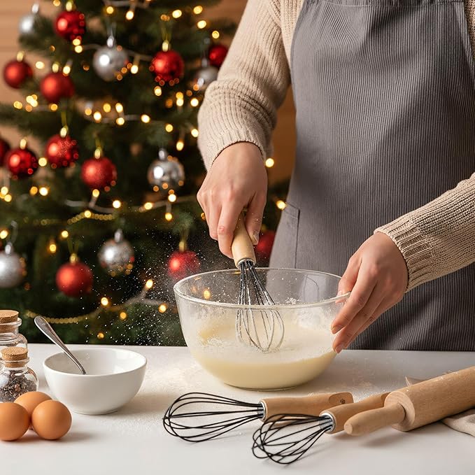 Baderke 20 Sets Baking Gifts Set Includes 8 Inch Silicone Whisk with Wood Handle Wired Stainless Steel Whisk Set Greeting Cards Plastic Bags for Party Birthday Christmas Stuffers Gift(Black)