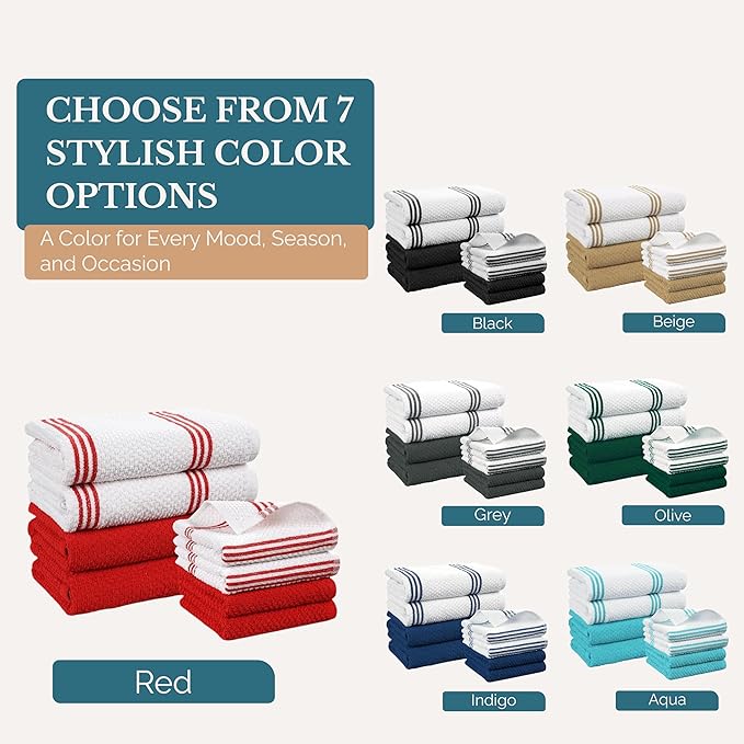 Casa Platino Dish Towels for Kitchen Drying Kitchen Towels – 8 Pc Durable Cotton Dish Towel Set – Designed for Vibrant Prep Routines and Seasonal Hosting – Red