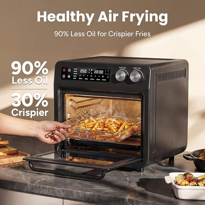 SMIRLY Digital Air Fryer Toaster Oven Combo, 27QT Convection Countertop Oven, 10-in-1 Multi-Function Fits 12" Pizza & 6 Slices of Toast, Stainless Steel, Black