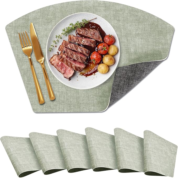 Round Table Placemats Set of 6, Dual-Sided Wedge Shape Faux Leather Table Mats, Washable Wipeable Heat Resistant Place Mats for Outdoor Indoor, Green Gray
