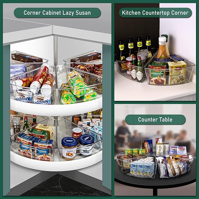 JEISSLIA Lazy Susan Cabinet Organizer Bins for 26"/ 28"/ 32" Diameter Corner Organizer, Plastic Cabinet Storage Bin, 1/8 Wedge - Food Safe, BPA Free, with Non-Slip Pads (for 26" Diameter, 4 Pack)