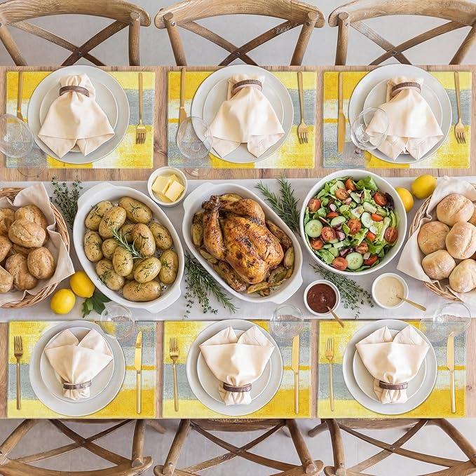 Emvency Farmhouse Placemats Set of 6,12x18 Inch Linen Rectangular Place Abstract Modern Geometric Yellow Grey Table Mats for Indoors & Outdoor Home Party Kitchen Dining Decoration