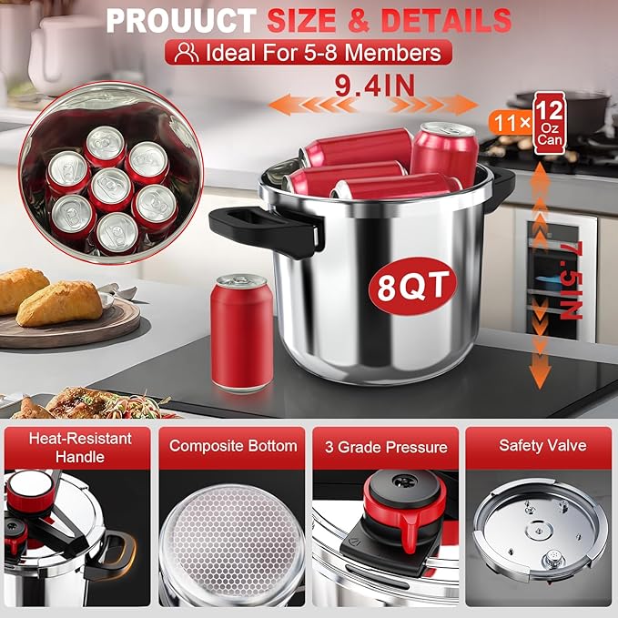 3-In-1 Stainless Steel Pressure Cooker 8 QT: [Save 70% Time] [3 PSI Settings], One-Hand Locking Pressure Canner, Induction Compatible, Glass Lid & Steamer Rack Included, Olla de Presion