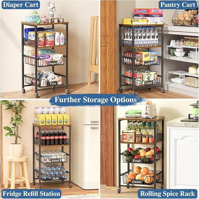 OKZEST 4 Tier Rolling Cart with Drawer Baskets, Metal Utility Storage Cart with Wheels and Wood Top for Living Room, Kitchen, Home Office, Bedroom, Pantry, Baby Essential, Makeup, Snack, Craft, Black
