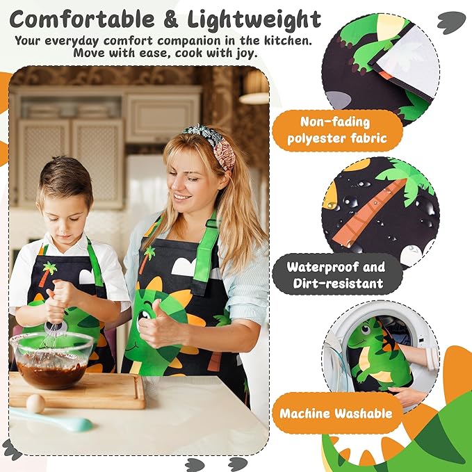 R HORSE 2Pcs Adults Kids Matching Apron Set, Dinosaur Theme Parent and Child Adjustable Kitchen Matching Apron, Funny Cooking Birthday Gift for Women Men Kid Cooking Baking Painting Gardening