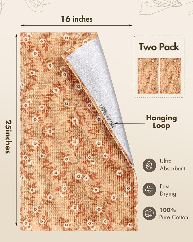 Miss Adola Cotton Waffle Kitchen Towels – Cute 370 GSM 16x25 Inch Terry Cloth Waffle Decorative Dishcloth for Kitchen Set of 2 with Hanging Loop Absorbent Hand Tea Towel for Home Design, Rustic Flower