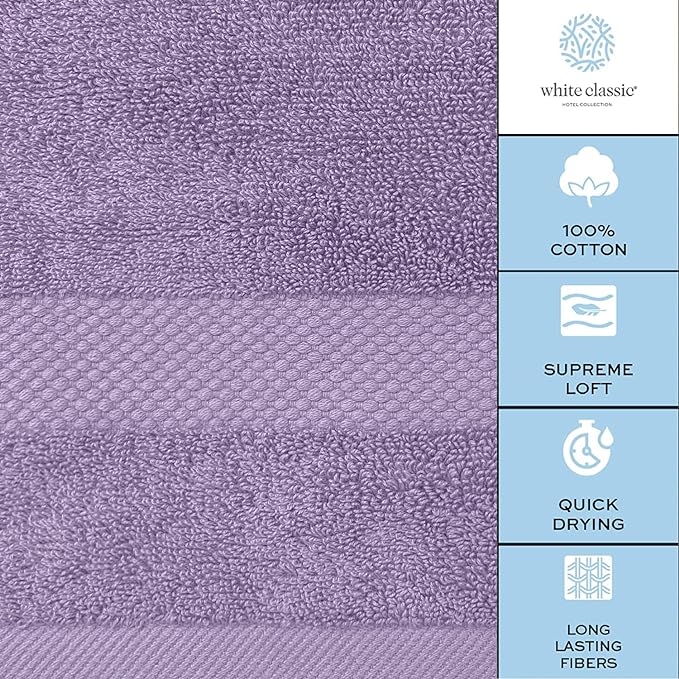 White Classic Luxury Bath Towel Set of 8 Pieces - 100% Turkish Cotton Highly Absorbent Towels for Bathroom, 2 Luxury Bath Towels 700GSM, 2 Hand Towels, 4 Washcloths, Lavender