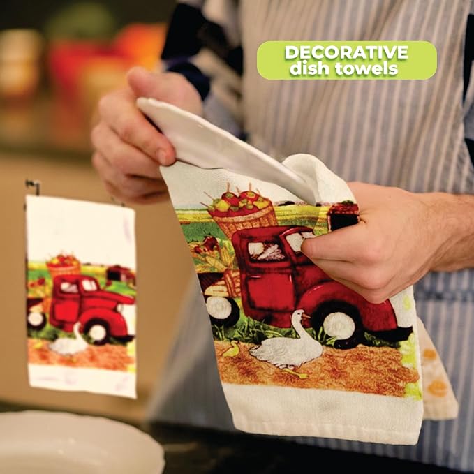 Lobyn Value Packs: 5 Piece Kitchen Towel Set with Vintage Red Truck Design, 2 Decorative Dish Towels (25 X15), 1 Oven Mitt (11 X 7) and 2 Potholders (6.5 X 6.5) for Countryside Elegance
