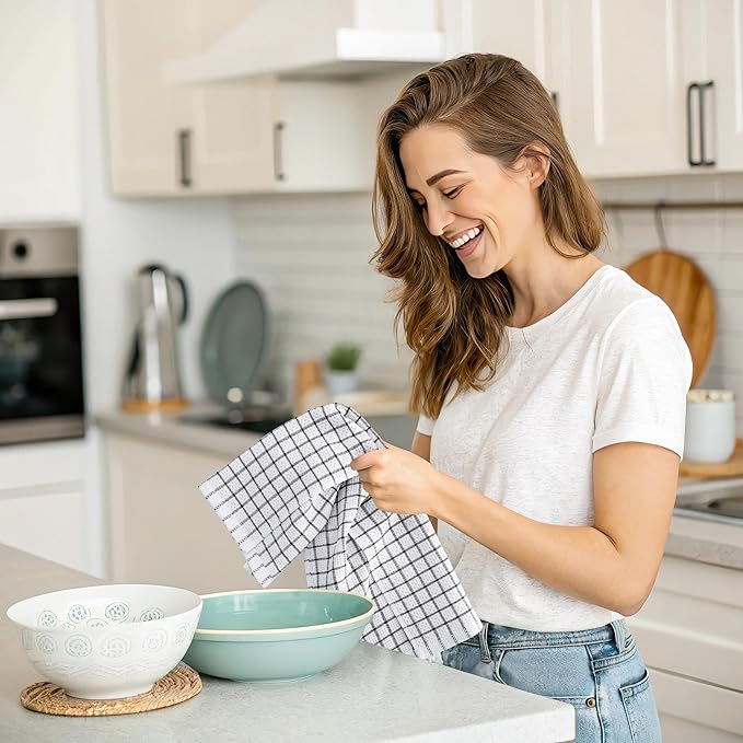 Homaxy 100% Cotton Kitchen Towels 8 Pack-15 X 25 Inches, Check Design Waffle Weave Hand Tea Towels, Super Soft and Absorbent Dish Towel for Drying Dishes, Black