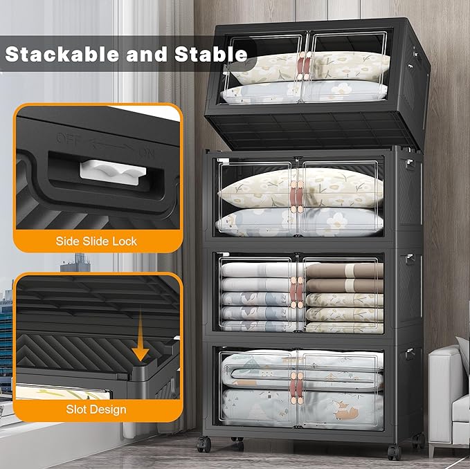 UAMFURI Stackable Storage Bins with Lids, 1400QT Closet Organizers and Storage with Doors and Wheels, Extra Large Storage Cabinet, Collapsible Plastic Drawers for Bedroom Kitchen Office Garage
