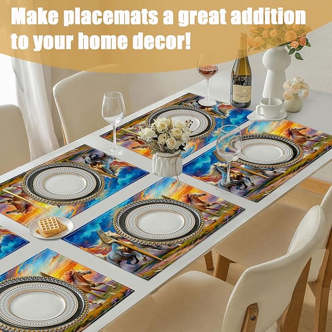 Watercolor Horse Running Placemats Set of 6, Linen Place Mat Washable Stain Resistant Table Mats for Farmhouse Kitchen Dining Holiday Party Wedding Decor 12x18 Inch