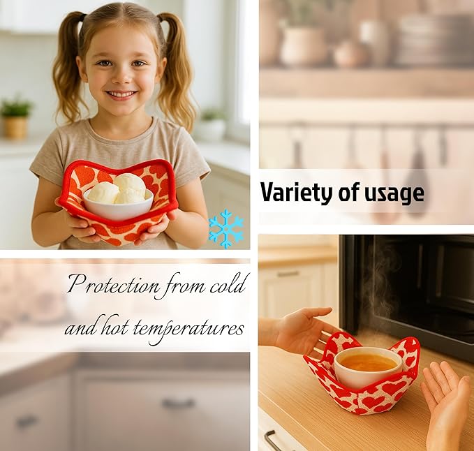 Set of 2 Microwave Bowl 4x7x7 Inch Polyester Cloth Hot Pads with Red Heart Print - Multipurpose Heat Resistant Plate Holders - Protector for Food Meals - Hot Pads for Bouillon Cups and Pads for Soup