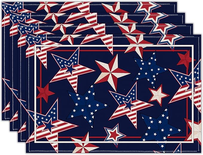 4th of July Red White Blue Star Placemats, USA 250th Anniversary 1776-2026 Independence Day Watercolor Star Table Mats, Washable Patriotic Placemats for Memorial Day Party Decor, Set of 4