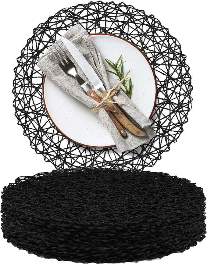 AHHFSMEI Paper Braided Round Placemats Set of 12 Natural Non-Slip Heat Resistant Table Mats for Dining Tables Woven Indoor & Outdoor Place mats(Black,12)
