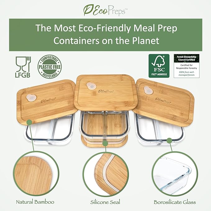 EcoPreps Glass Bento Box Containers with Bamboo Lids, 3 Compartment Glass Meal Prep Containers (3 Pack) - 100% Plastic Free, Eco-Friendly Lunch Container Set, Bamboo Lid Bento Boxes for Adults