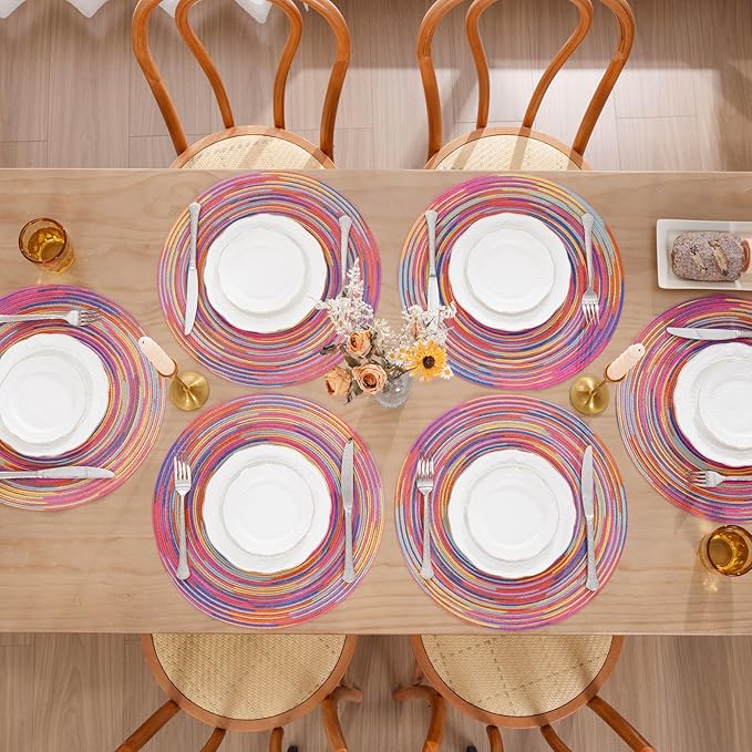 SHACOS 15 inch Round Placemats Set of 6 Variegated Multicolor Place Mats Cotton Polyester Braided Non Slip Washable Heat Resistant Table Mats for Home Wedding Dinner Party Table Decor, Rainbow Pink