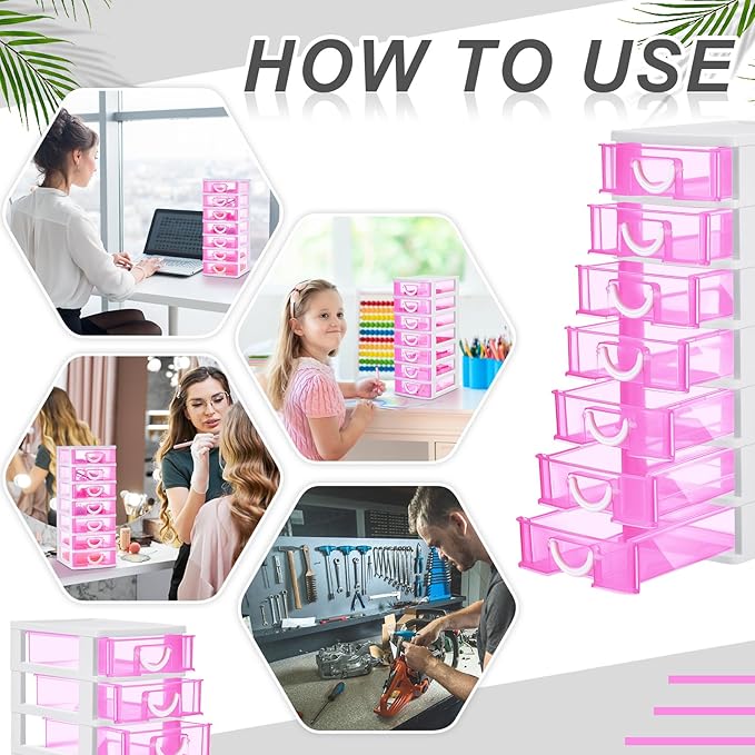 Thyle 2 Pcs Plastic Drawers Organizer Mini Organizer Stackable Plastic Clear Drawer Storage Box Containers Storage Units for Desktop Classroom Craft 6.7 x 4.9 x 13.4 inches(Rose Red)