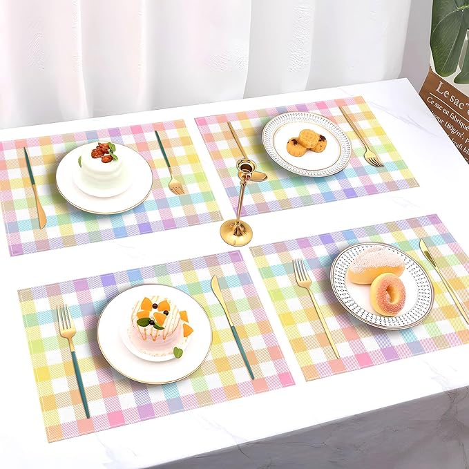 Pudodo Easter Buffalo Plaid Check Placemats Set of 4 Spring Holiday Party Decorations for Home Kitchen Table Supply (12" x 18")