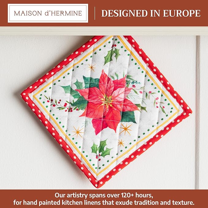 Maison d' Hermine Pot Holders 100% Cotton Heat Resistant Potholders 8" x 8" Hot Pads with Loop for Thanksgiving Christmas Decorations BBQ Cooking Handling Hot Pans (Pack of 1, Poinsettia Christmas)
