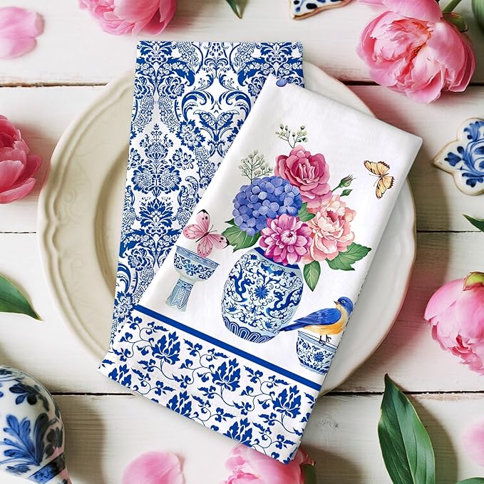 Blue and White Porcelain Tea Towels, Cotton Kitchen Towel 18.9 × 27.5 inch, Quick Drying Dish Cloth for Party Anniversary Holiday Decoration, Housewarming Gifts for Mom