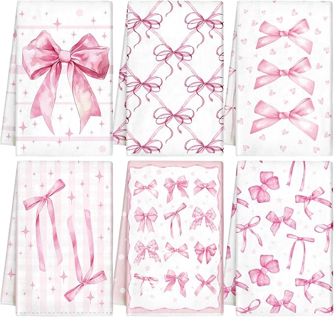 Breling Set of 6 Pink Bow Towels Vintage Pink Dish Towel Bathroom Decorative Rustic Cloths Tea Towels for Kitchen Bathroom Home Cooking Housewarming Valentines Gifts, 14 x 21 Inch