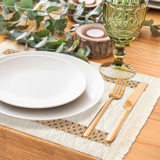 Boho Placemats Set of 6, Macrame Place Mats in Natural Cotton Burlap, Farmhouse Style Dining Table Mats for Indoors & Outdoors, Rustic Kitchen Home Decor