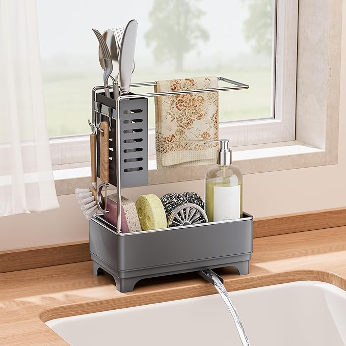 MOUKABAL Sponge Holder for Kitchen Sink, 2-Tier Sink Caddy Organizer with Drain Holes and Hooks, Holds Dishcloth, Sponge & Brushes, Kitchen Countertop Storage for New Home Essentials Grey