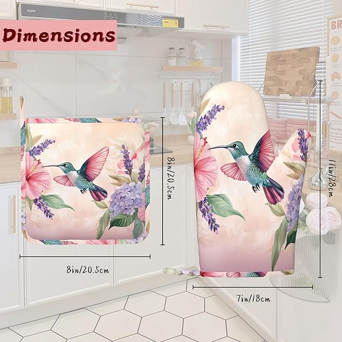 Hummingbird Heat-Resistant Silicone Oven Mitts and Pot Holders 4 Piece Set,Pink Flower Extra Long Non-Slip Kitchen Oven Gloves for Cooking, Baking, BBQ,Grilling
