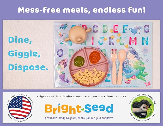 Bright Seed Disposable Placemats for Baby, Toddlers and Kids, 40 Disposable Baby Placemats for Restaurant, Dining Table & Travel, Learning Placemats for Kids, Toddler Travel, Mermaids ABC & Numbers