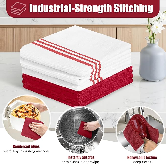 Oven Mitts and Pot Holder Sets with Silicone Grip, 500°F Heat Resistant-6 Pack Dishcloth/Dish Towels for Kitchen 100% Cotton-Value Kitchen Essentials for Cooking, Baking, Grilling-Red