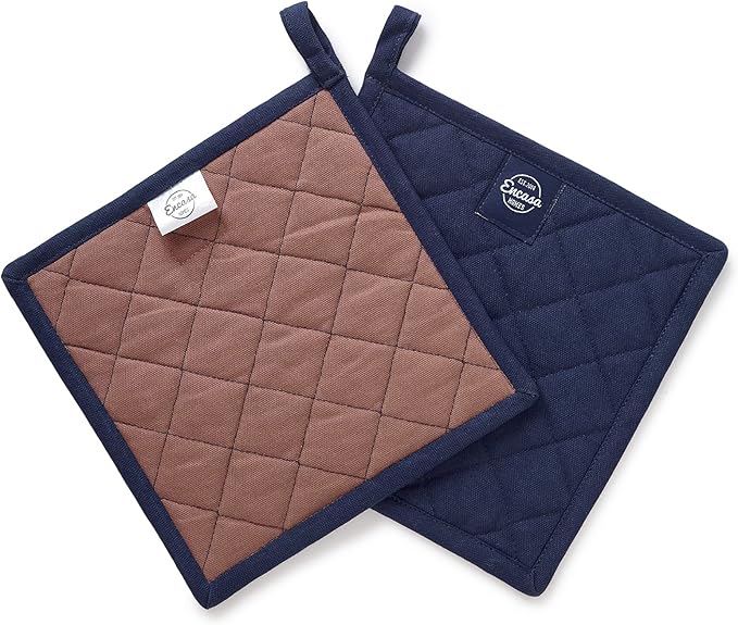 Encasa XO Heat Resistant Cotton Pot Holders with Hanging Loop - Set of 2 - Scotch Blue - Multipurpose Quilted Everyday Hot Pad for Kitchen, Camping, BBQ & Microwave - 8x8 in