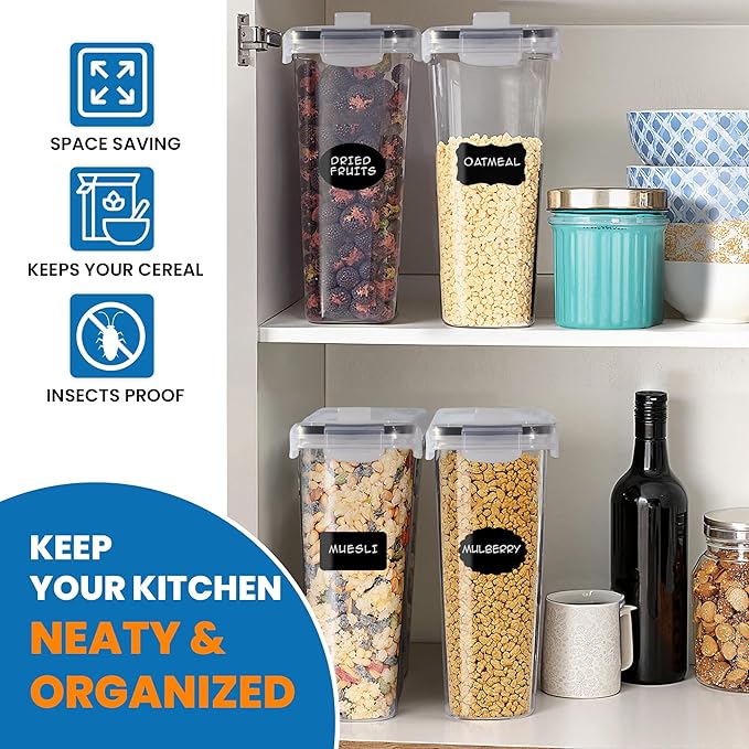 Cereal Storage Containers 4L Food Grade and BPA Free Sets with Lids Kitchen Storage & Organisation Food Containers Large Kitchen Organiser for Cornflakes (Single Unit)