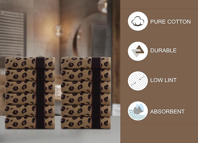 COTTON CRAFT Wash Cloth - Set of 12 Animal Print Safari Decorative Washcloth - 100% Cotton Jacquard Bathroom Face Towel Set - Super Soft Quick Dry Absorbent Luxury Guest Towel - Easy Care - 12 x 12