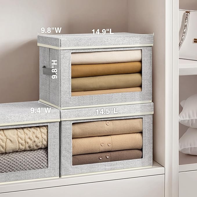 Homsorout Stackable Storage Bins with Lids - Medium Storage Box with Lids, Foldable Storage Bins, Wardrobe Clothes Organizer with Window, Cubes Storage Bins for Living Room, 6 Pack, Blended