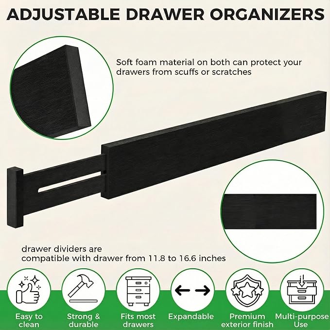 4 Pack Bamboo Kitchen Drawer Dividers 2.6" High, Adjustable from 12 Inch to 17 Inch Drawer Organizers, Expandable Drawer Separators for Clothes, Bedroom, Dresser, Office (Black)