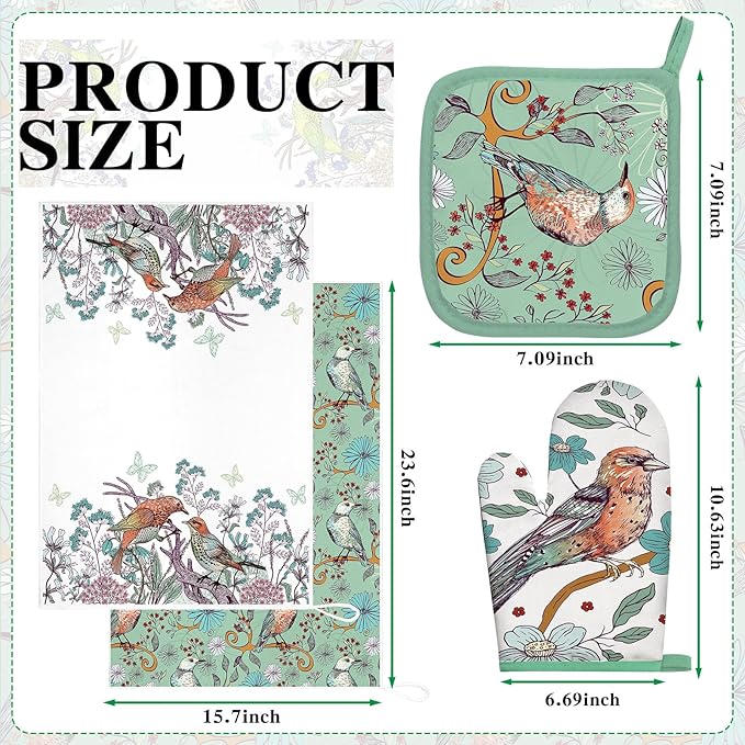 Leinuosen 6 Bird Flower Kitchen Towels Kitchen Decor and Accessories Set Floral Plant Oven Mitts and Pot Holders Sets Farmhouse Absorbent Dish Towels for Cooking Baking Grilling