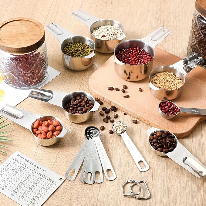 Set of 17 Measuring Cups and Spoons Set Stainless Steel Cup and Spoon Stainless Steel Nesting Measuring Cups and Spoons for Cooking & Baking, Silver