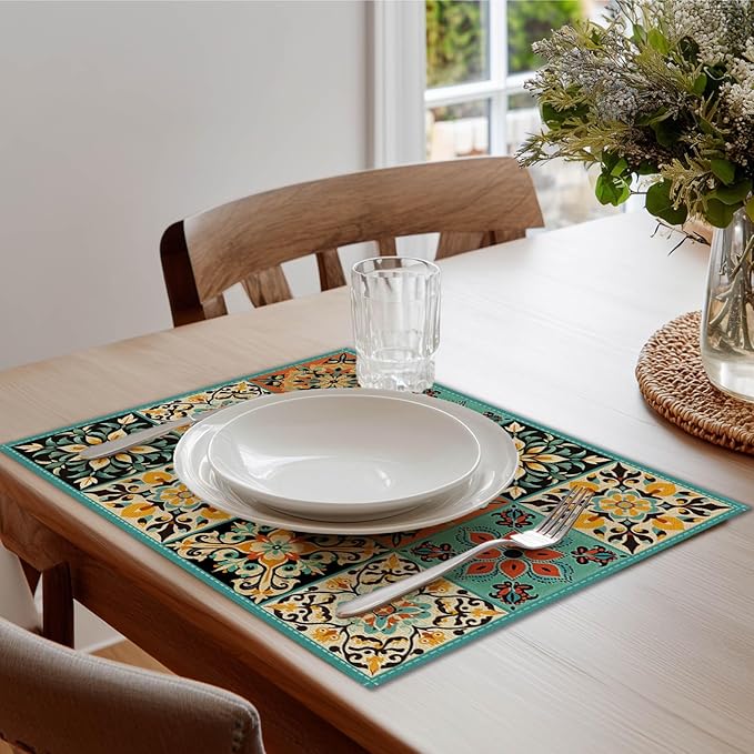 HOMETITUTE Placemats Set of 4 Linen 12x18 Inch Washable Table Mats Colorful Vintage Pattern Place Mats Farmhouse Style Autumn Placemats Kitchen Dining Table Decor