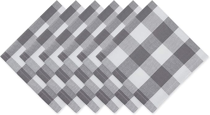 DII Buffalo Check Collection, Classic Farmhouse Cloth Napkin Set, 20x20, Gray & White, 6 Piece