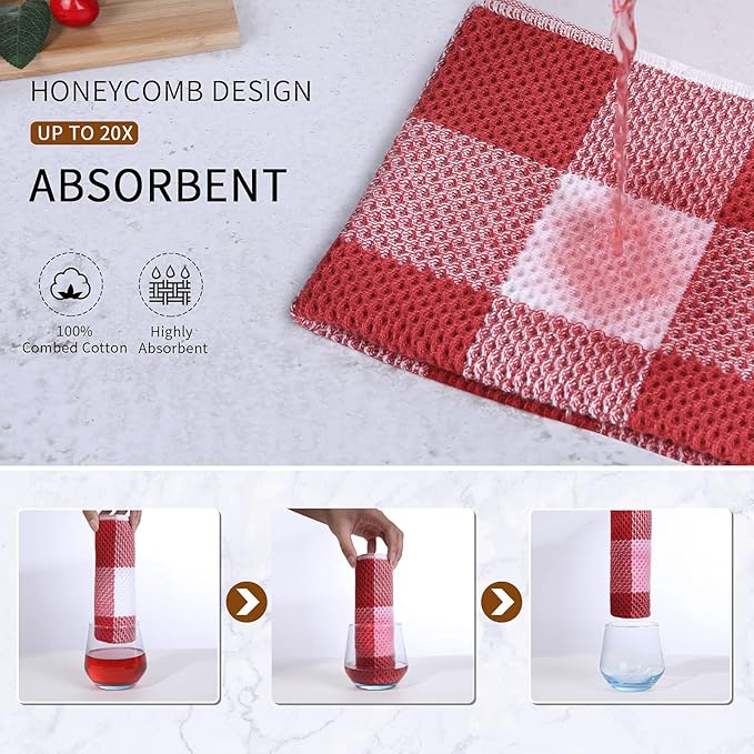 Mordimy 100% Cotton Waffle Weave Kitchen Towels, 13 x 28 Inches, Super Soft and Absorbent Buffalo Check Dish Towels for Drying Dishes, 4-Pack, Red & White